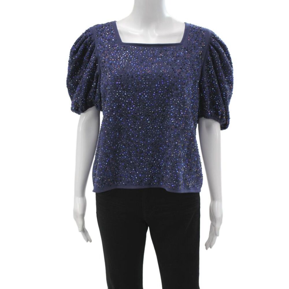 Designer Women Sequin Square Neck Short Sleeve Blouse Blue Size M